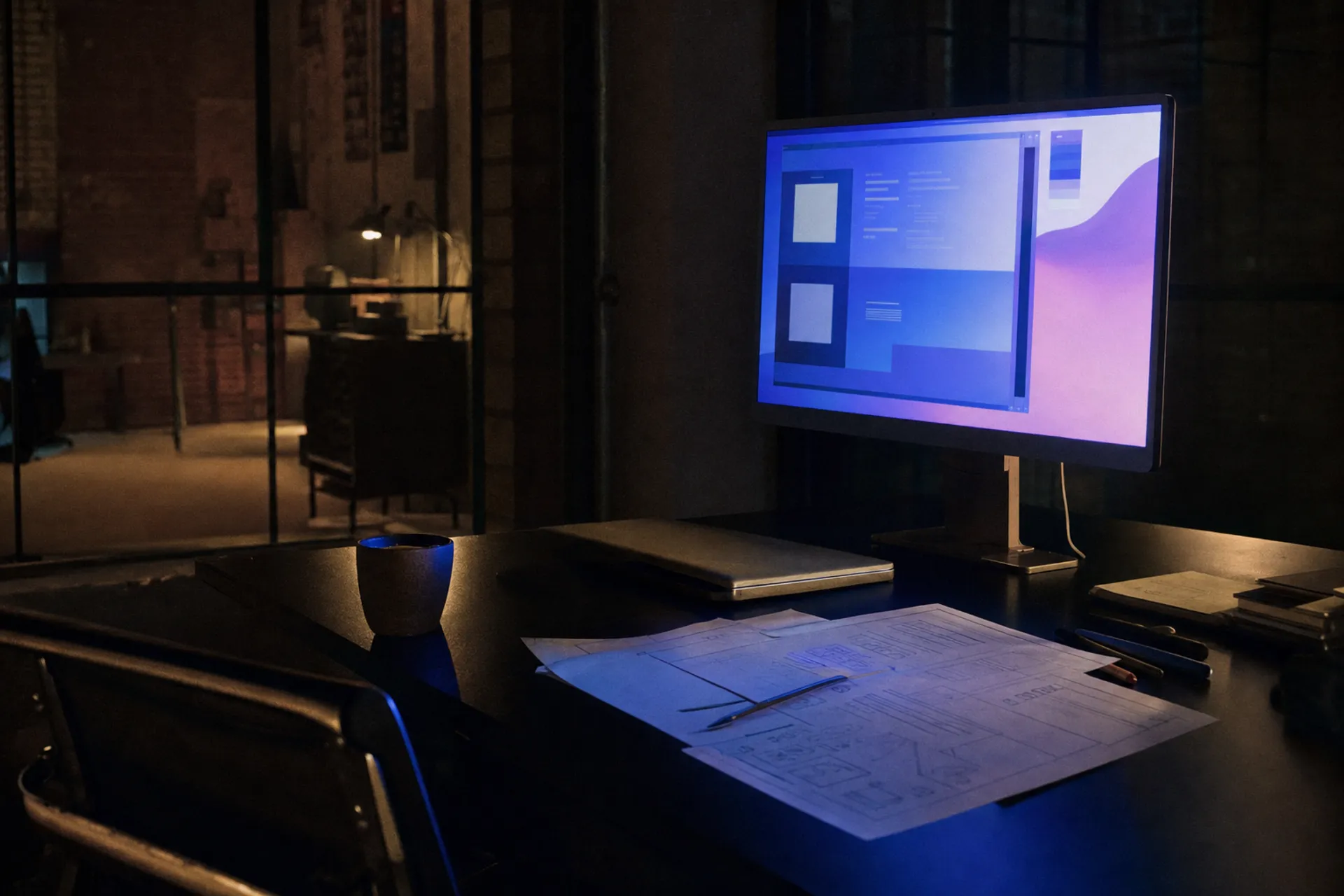 Büro in Herne bei Nacht: Schreibtisch mit Monitor-Glow und Wireframe-Ausdrucken